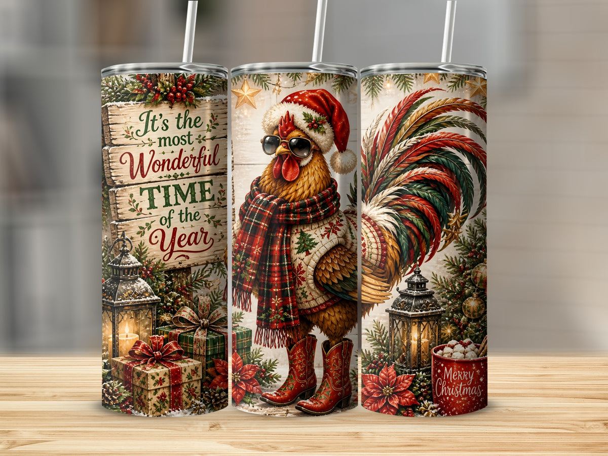 Three cylindrical tumblers feature a Christmas rooster wearing sunglasses, a Santa hat, a scarf, and boots, alongside festive text and holiday decorations.