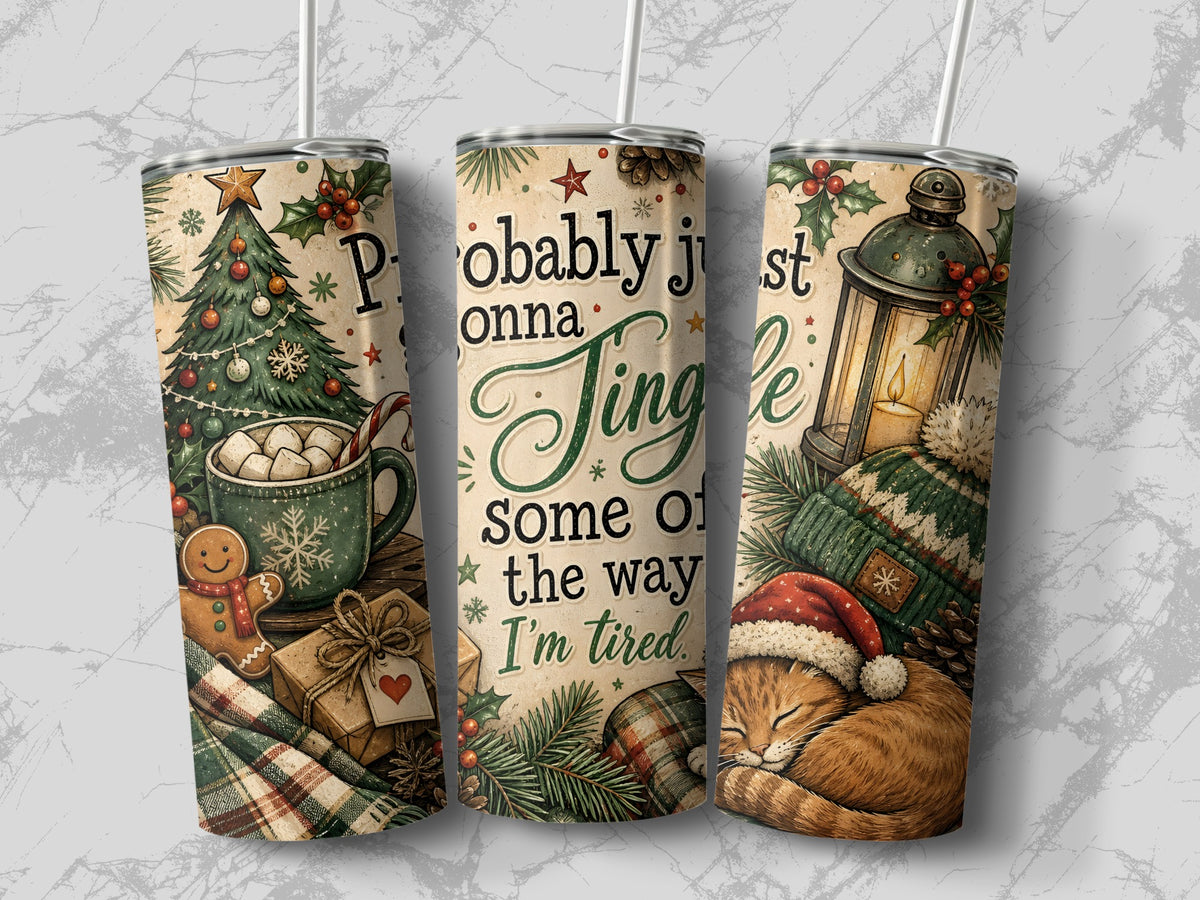 Three matching tumbler cups feature vintage Christmas illustrations, including a decorated tree, glowing lantern, sleeping cat, and festive text.