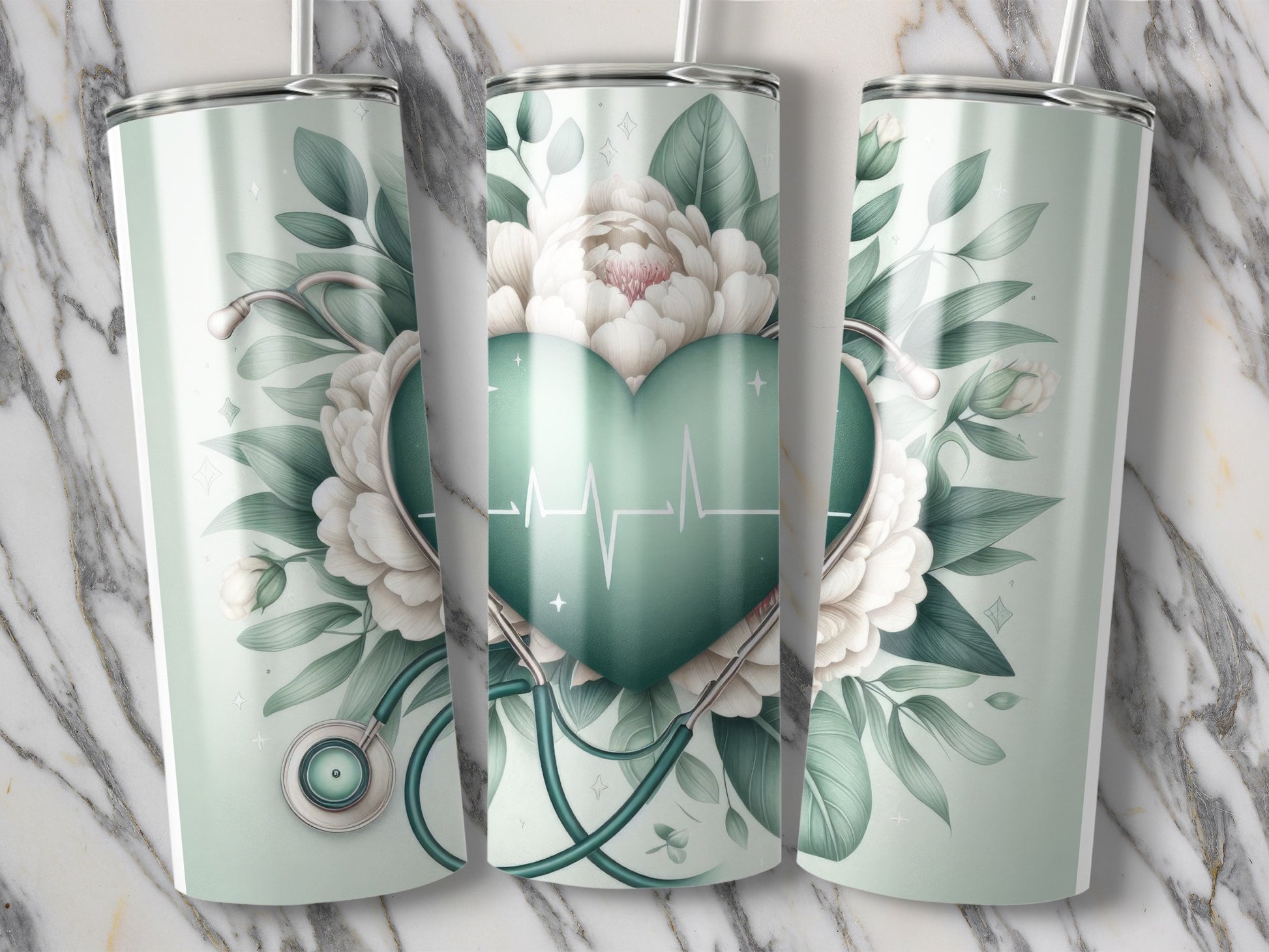 Green heart with heartbeat, stethoscope, and peonies on mint green tumblers.