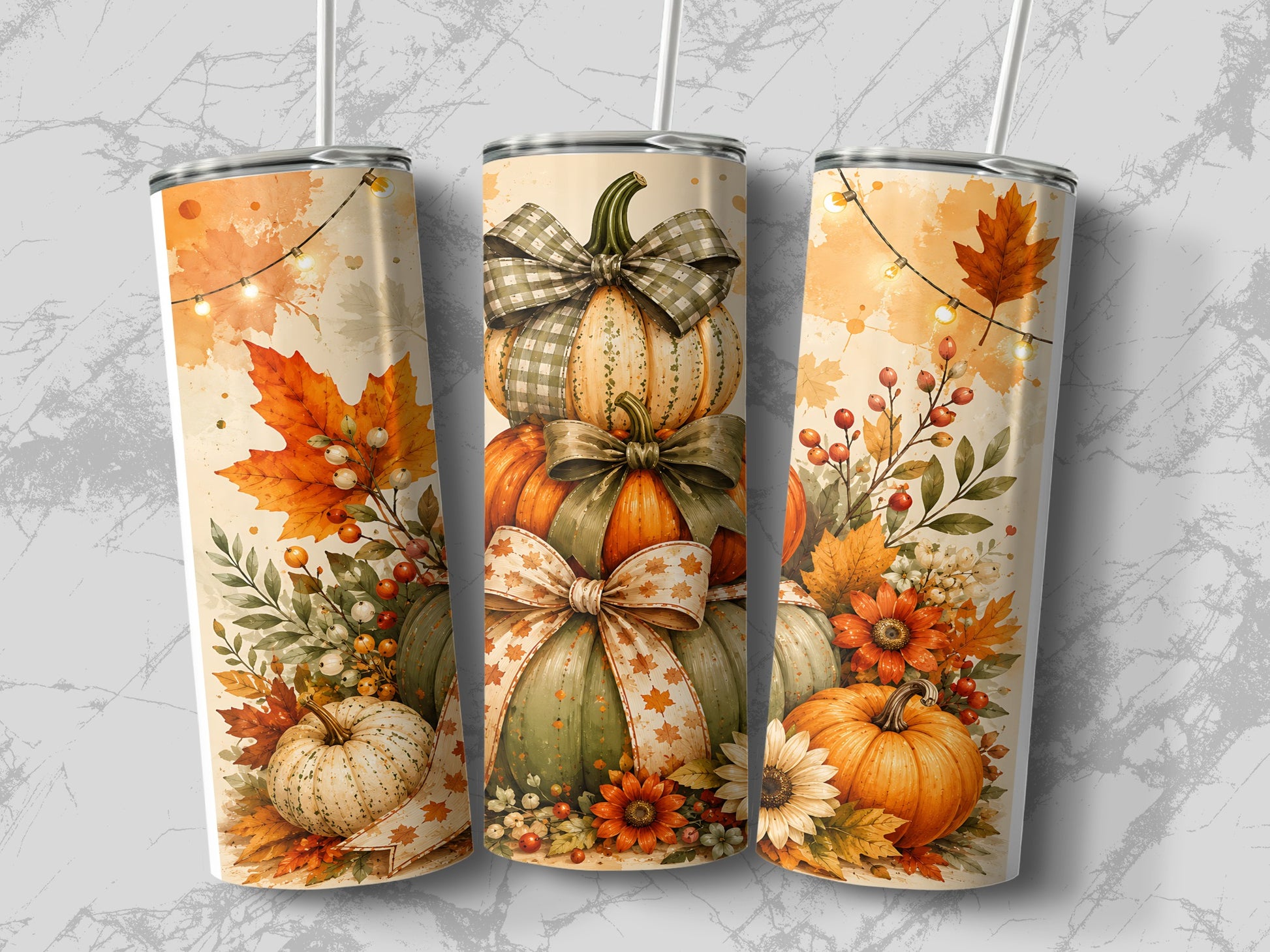 Three tumblers feature a fall harvest design with stacked pumpkins and autumn leaves.