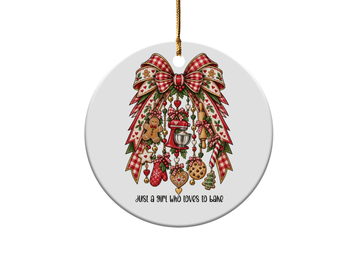 Round ornament with festive baking icons and the text "Just a girl who loves to bake."