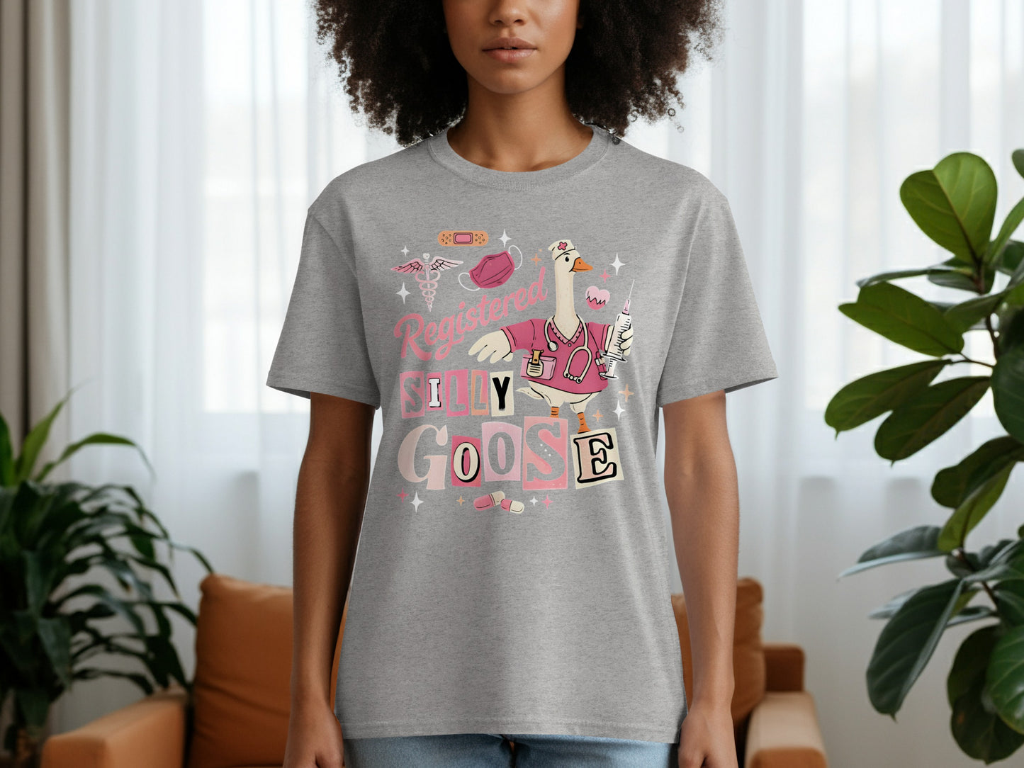 Grey t-shirt with "Registered Silly Goose" and medical icons featuring a goose.