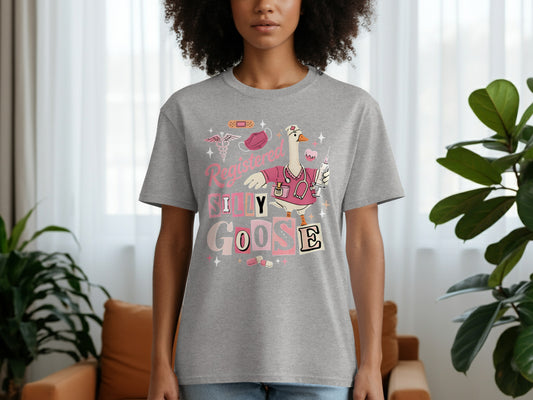 Grey t-shirt with "Registered Silly Goose" and medical icons featuring a goose.