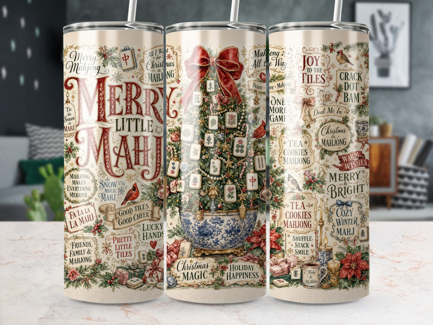 Mahjong themed Christmas design on tumblers with festive phrases and decorations.