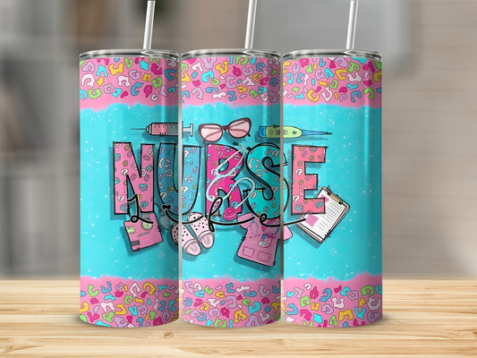 Nurse tumbler with medical icons and colorful leopard print.