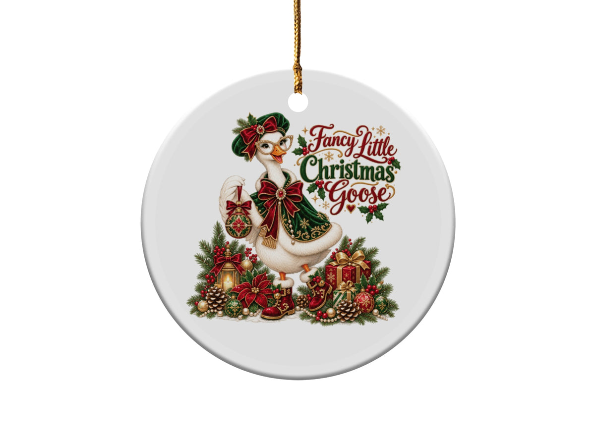 Christmas ornament featuring a goose with text "Fancy Little Christmas Goose."