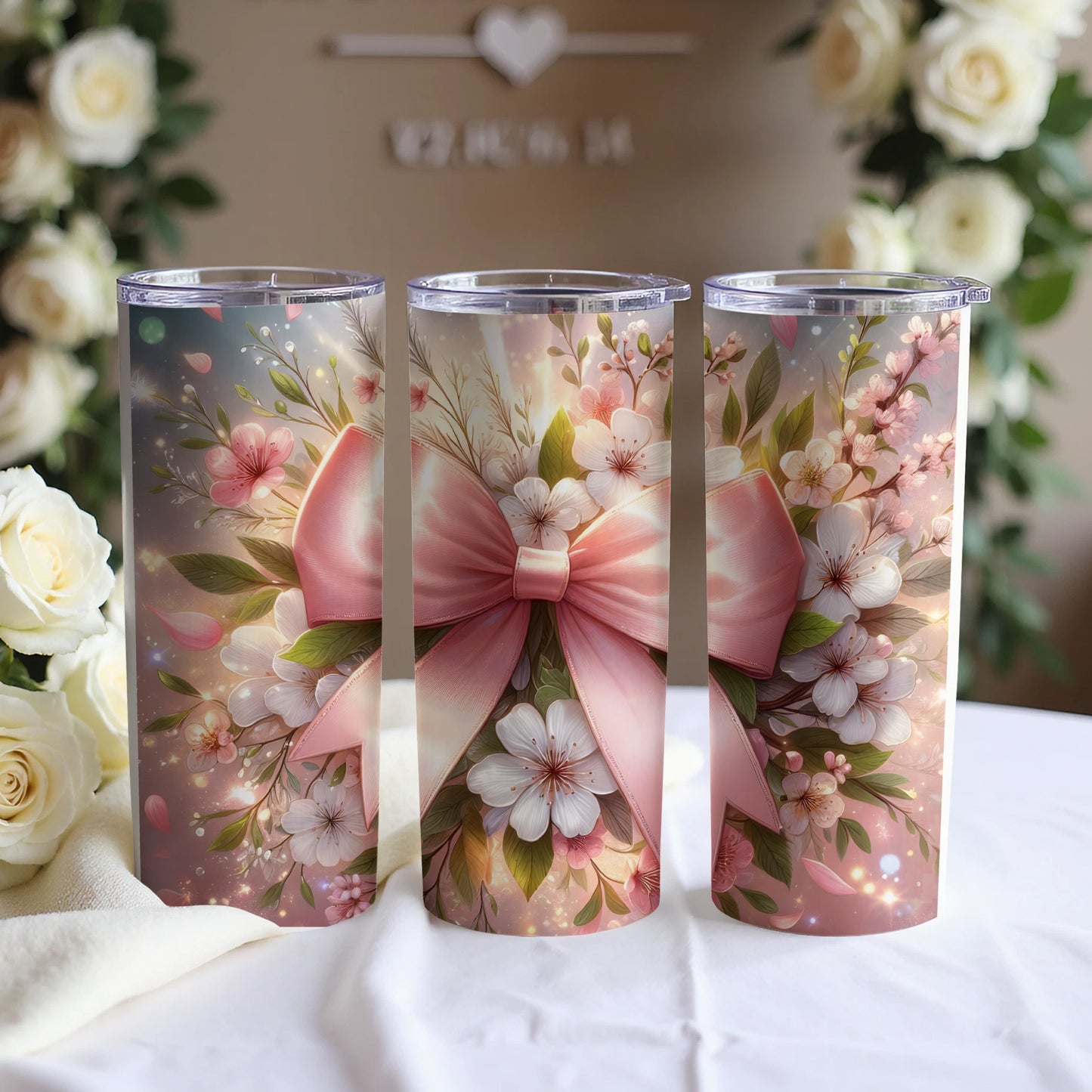 Floral bow design on three tumblers with a soft floral background.