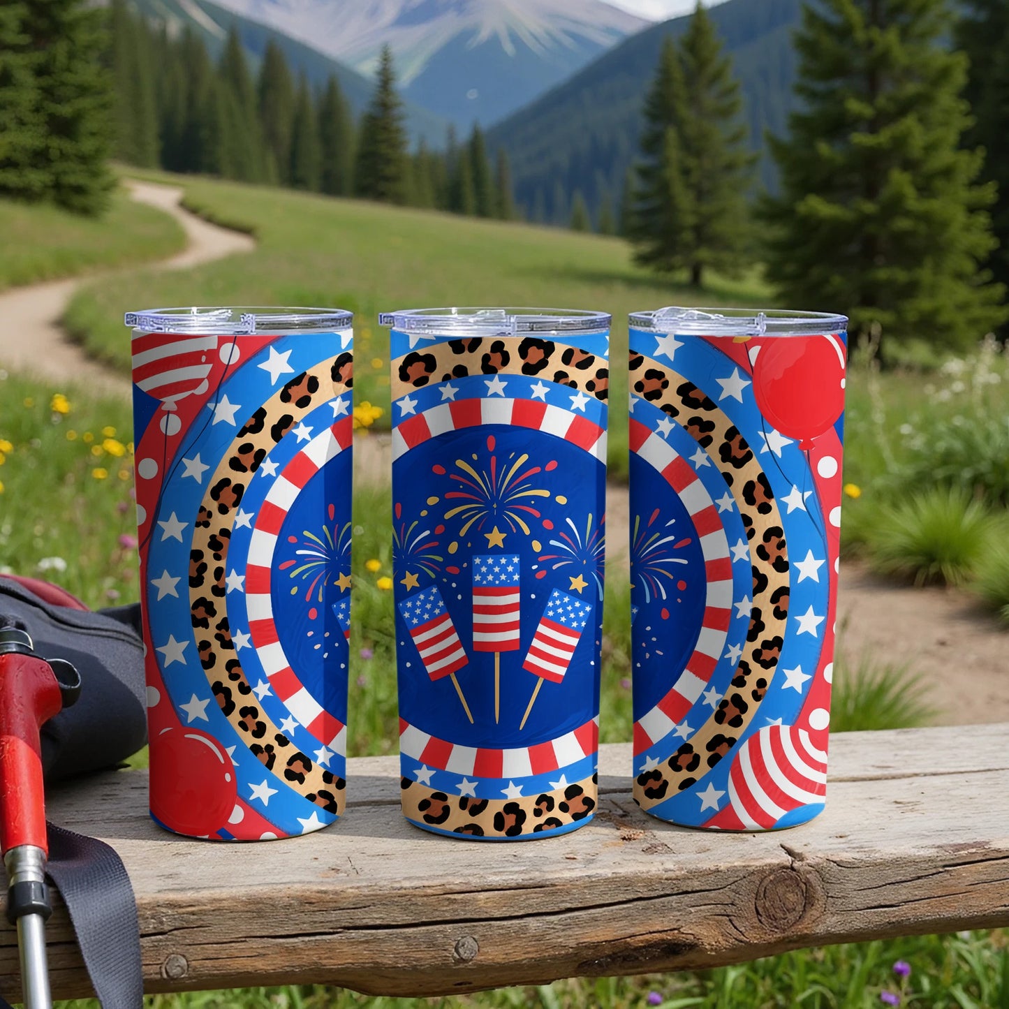 Three patriotic tumblers with fireworks, stars, and leopard print in a forest setting.