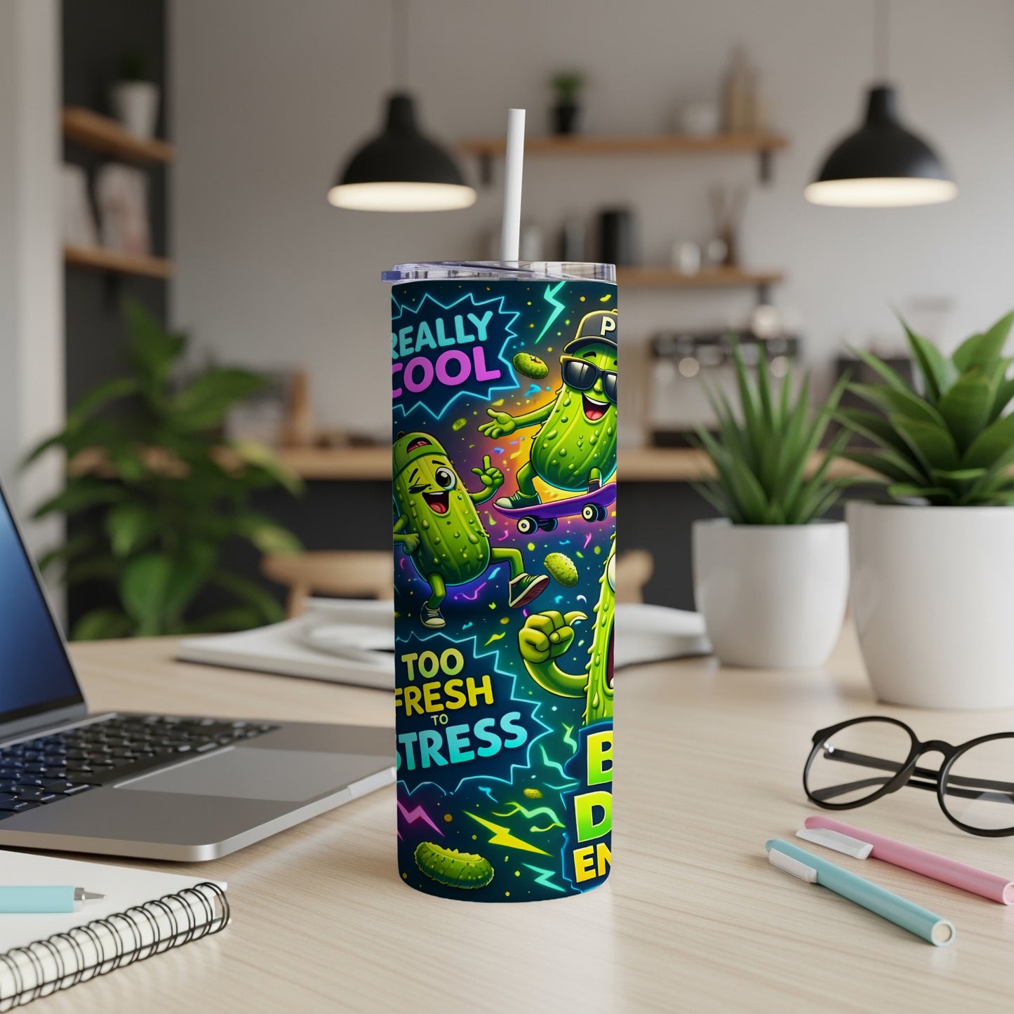 Two smiling cartoon pickles on skateboards with text "TOO FRESH TO STRESS".