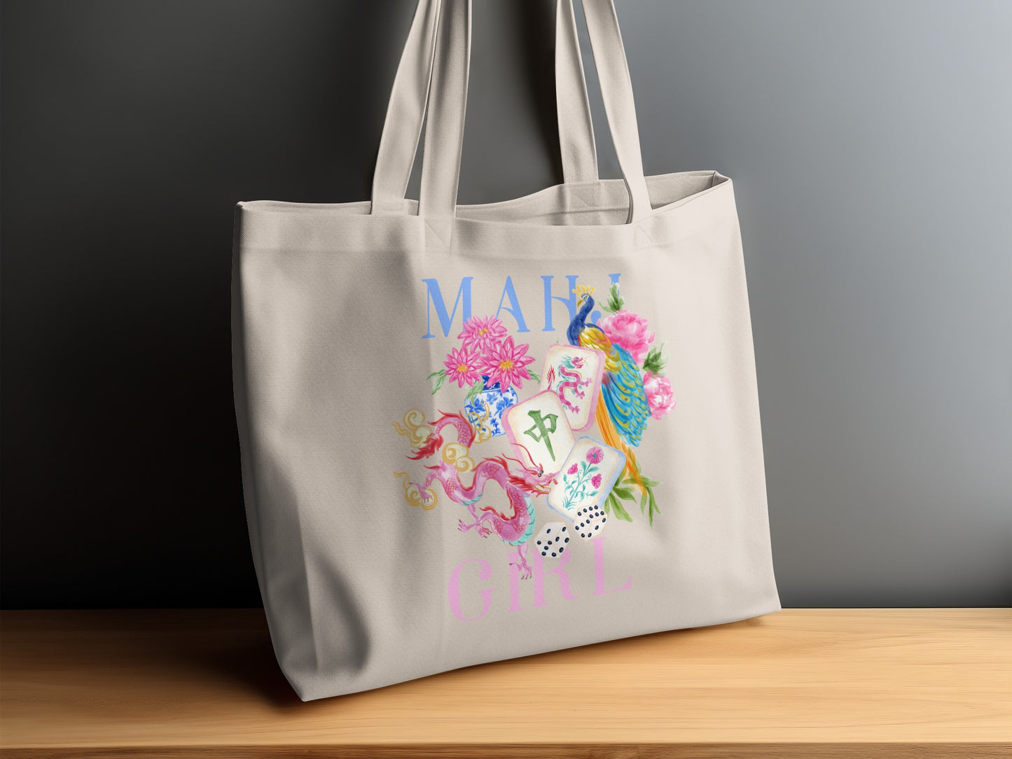 Tote bag with "MAHI GIRL" text, dragon, peacock, flowers, mahjong tiles, and dice.