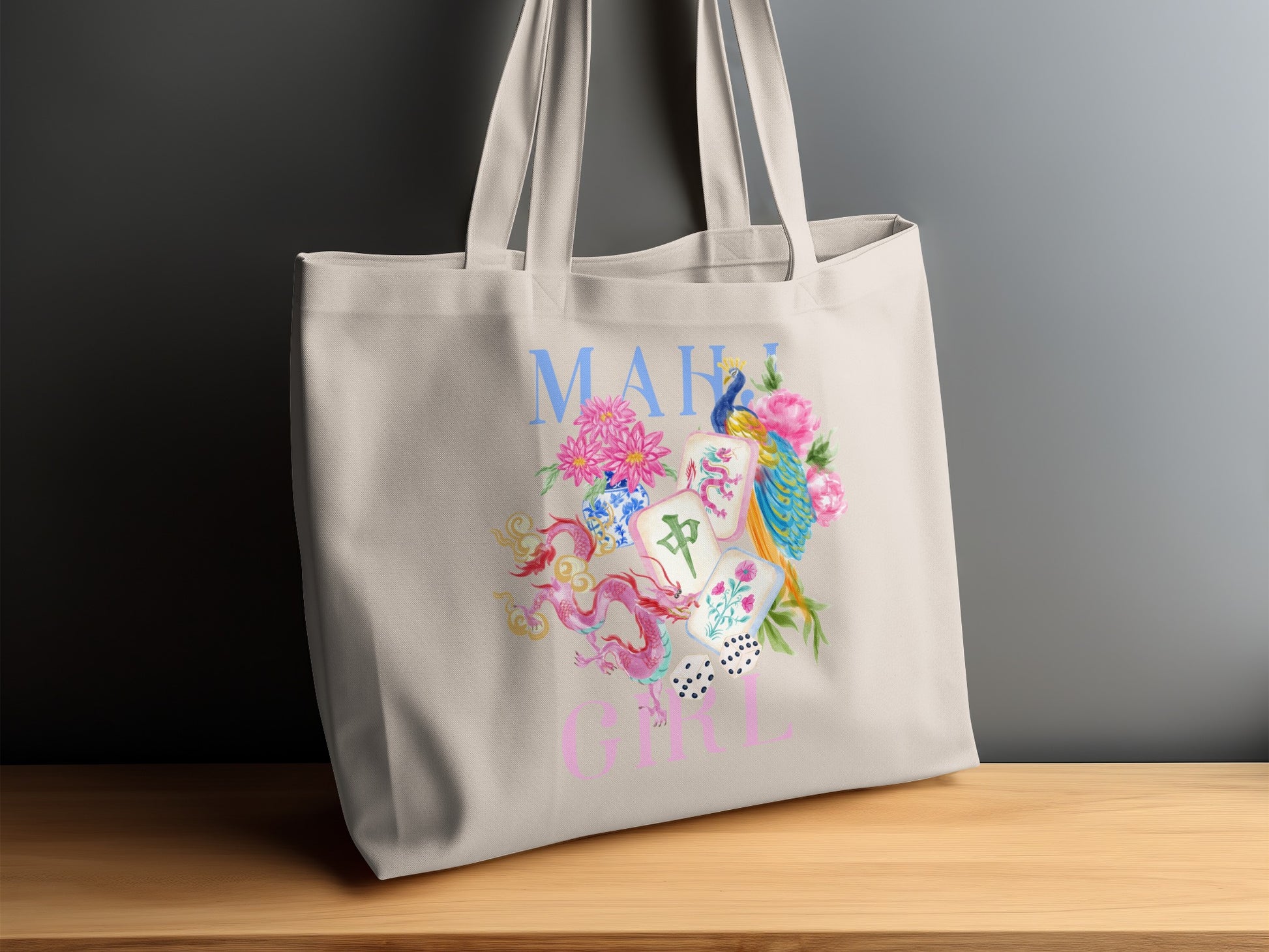 Tote bag with "MAHI GIRL" text, dragon, peacock, flowers, mahjong tiles, and dice.