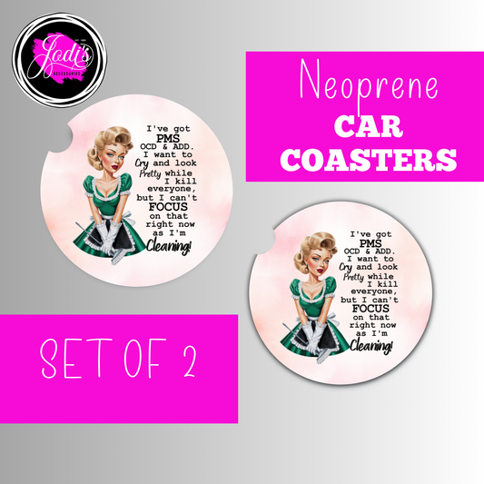 I've Got PMS OCD & ADD Retro Maid Car Coaster Set of 2