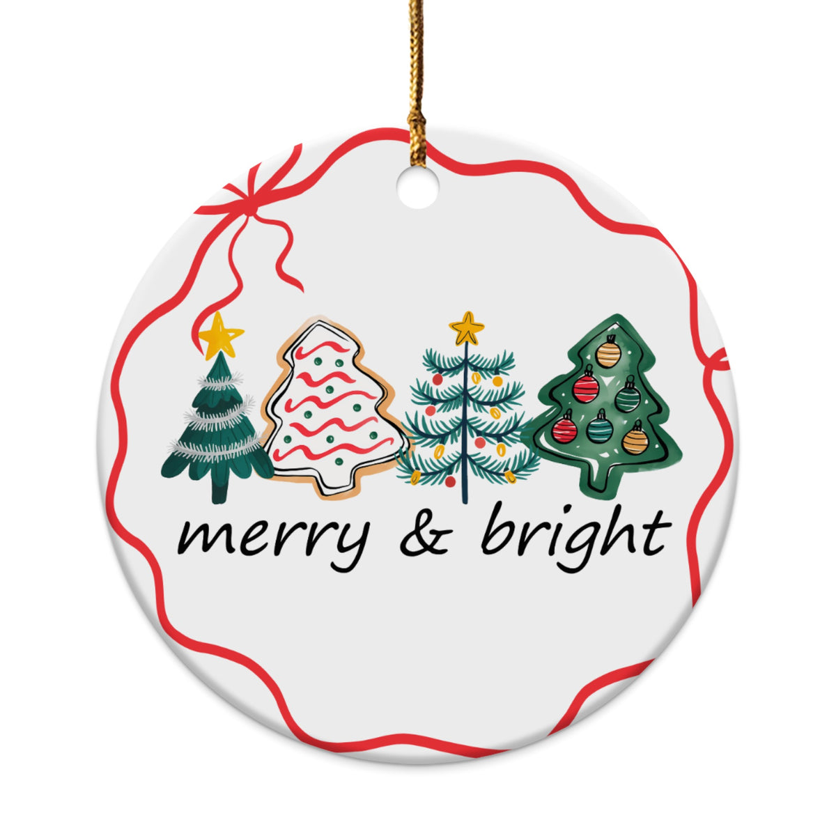 Round ornament with festive trees and "merry & bright" text.