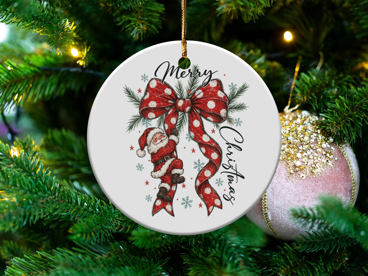 Round ornament with Santa, red polka dot bow, and "Merry Christmas" text.