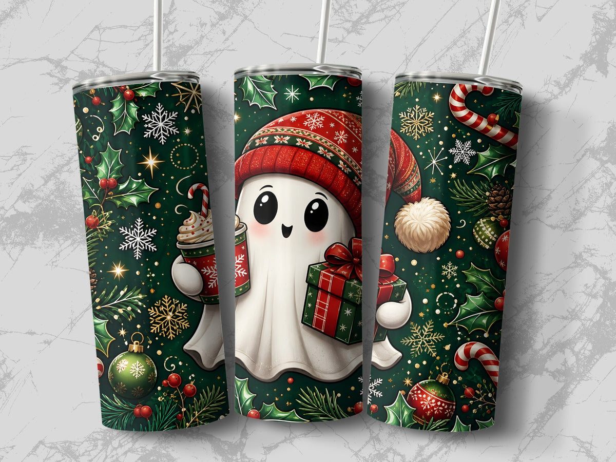 Three tall insulated tumblers display a Christmas ghost pattern with candy canes, ornaments, and snowflakes.