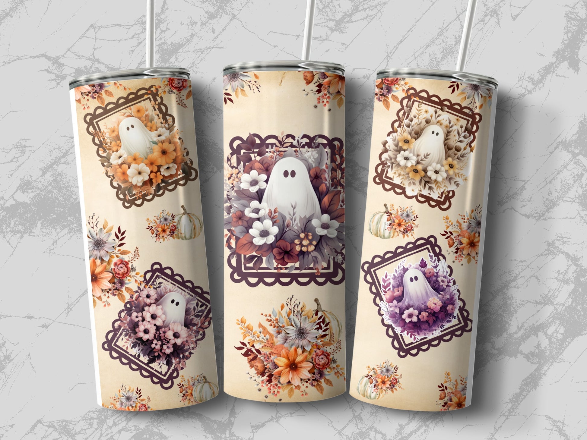 Three tumblers with a neutral background, featuring ghosts and floral Halloween designs.