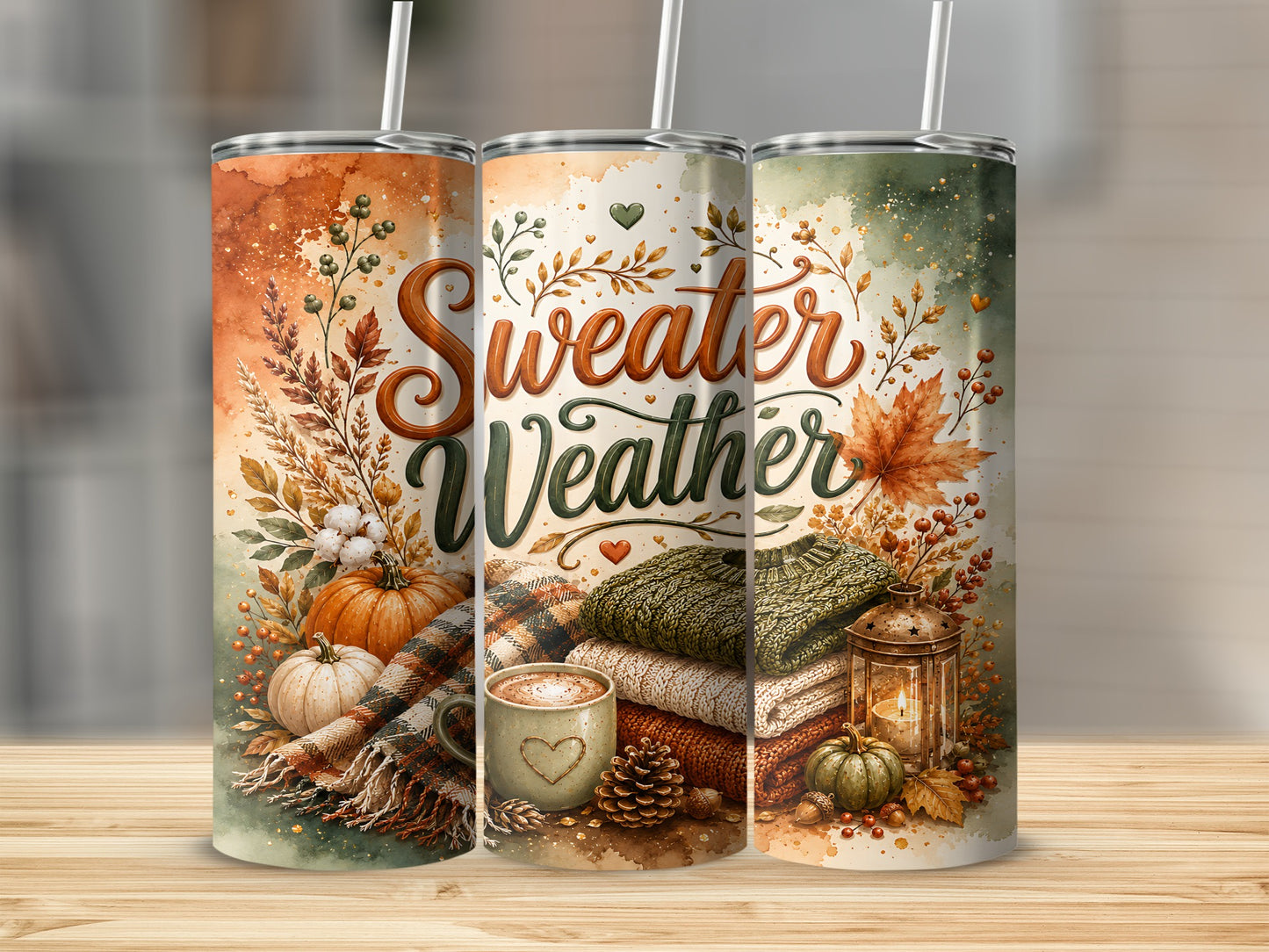 Three tumblers with fall-themed illustrations and "Sweater Weather" text.