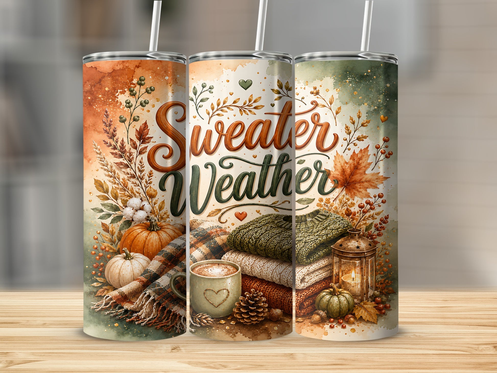 Three tumblers with fall-themed illustrations and "Sweater Weather" text.