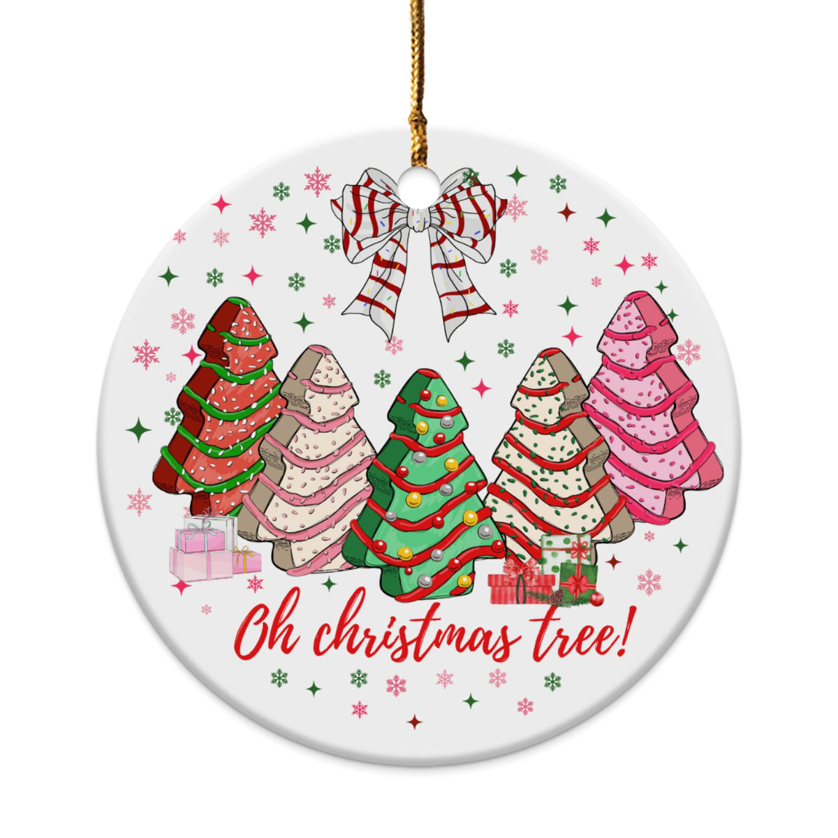 Five decorated Christmas tree cookies with presents and "Oh christmas tree!" text.