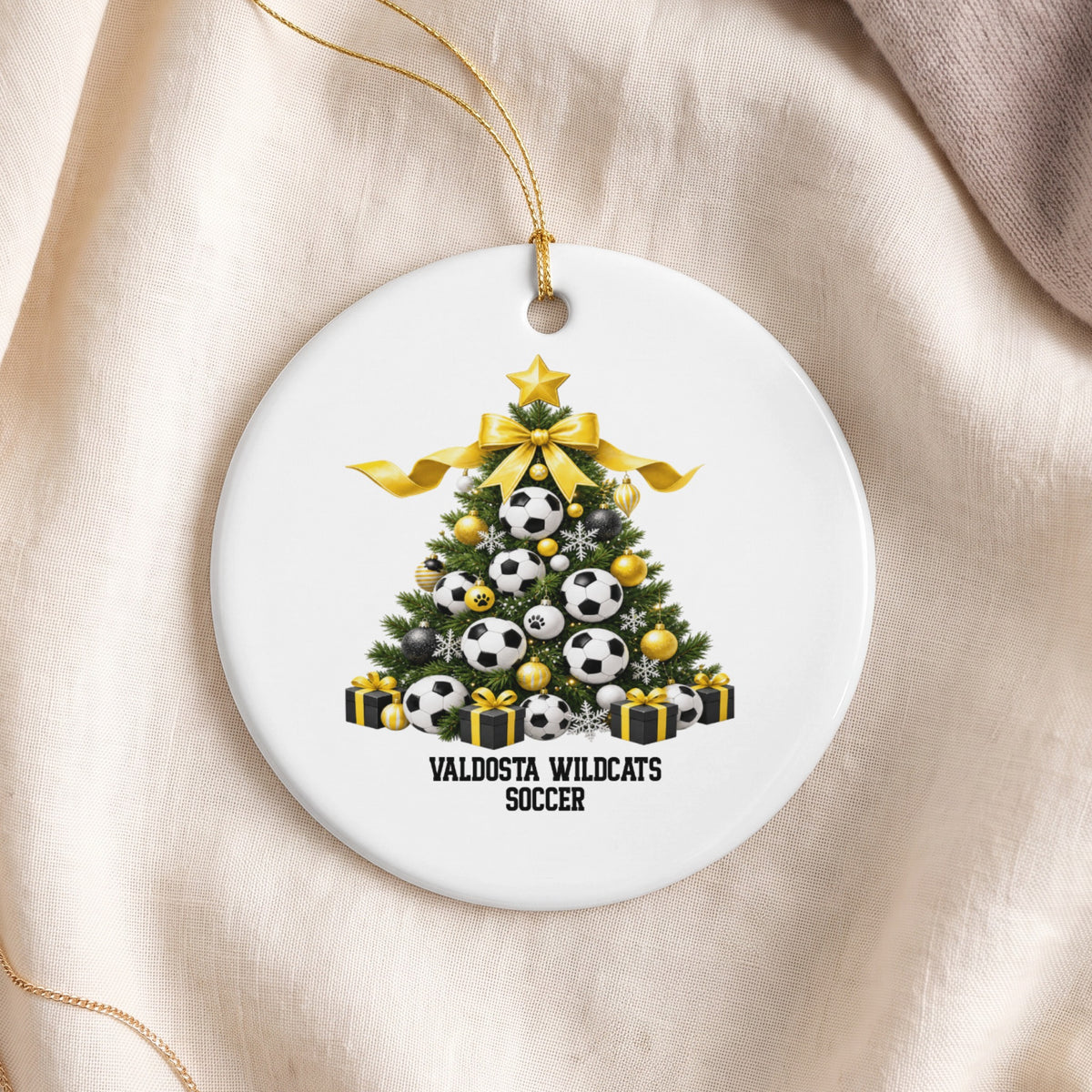 Valdosta Wildcats Soccer Christmas tree ornament with soccer balls and gifts.