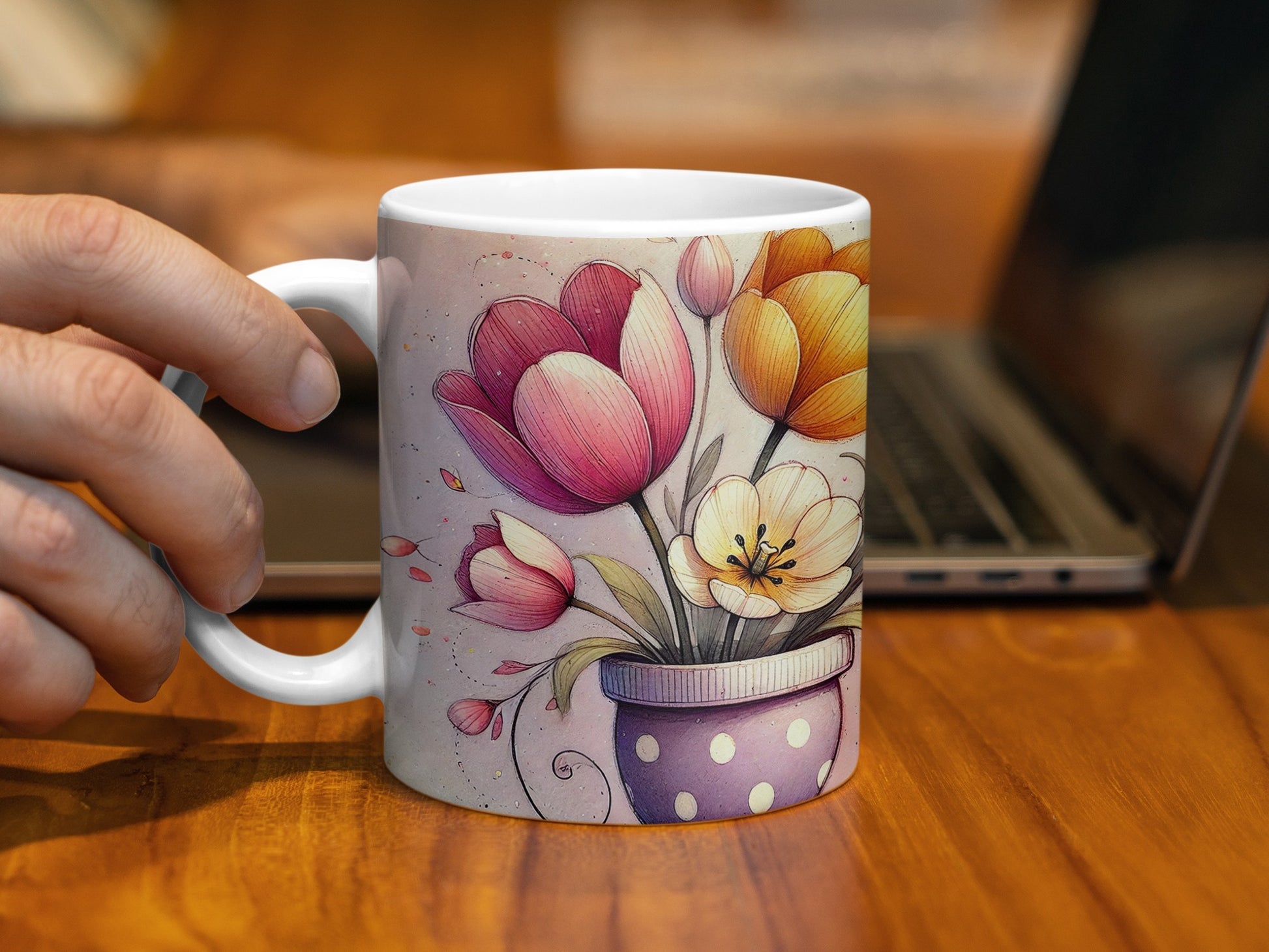 Vibrant Flowers Potted Arrangement Illustration Mug product type
Mug, Coffee Mug, Tea Cup, Floral Mug, Flower Design, Tulip Mug, Potted Flowers, Spring Flowers, Botanical Print, Watercolor Art, Polka Dot Pot, Home Decor, Gift Idea, Unique Mug, Artistic Mug, Drinkware, Kitchen Accessory, Colorful Design, Office Mug, Desk Decor