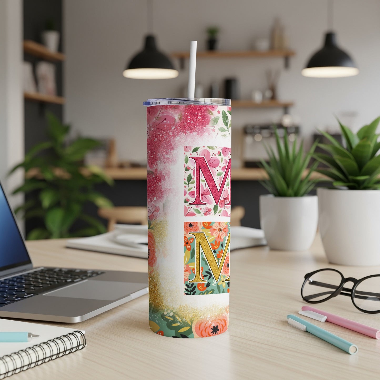 Colorful Floral Initial Design Tall Tumbler Product