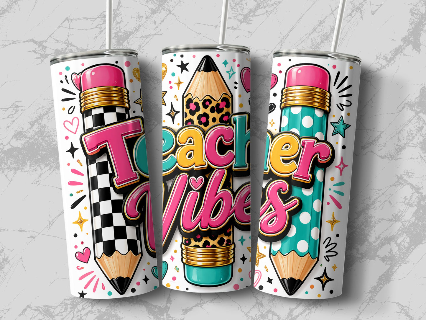 Three tumblers with "Teacher Vibes" text and pencil designs.