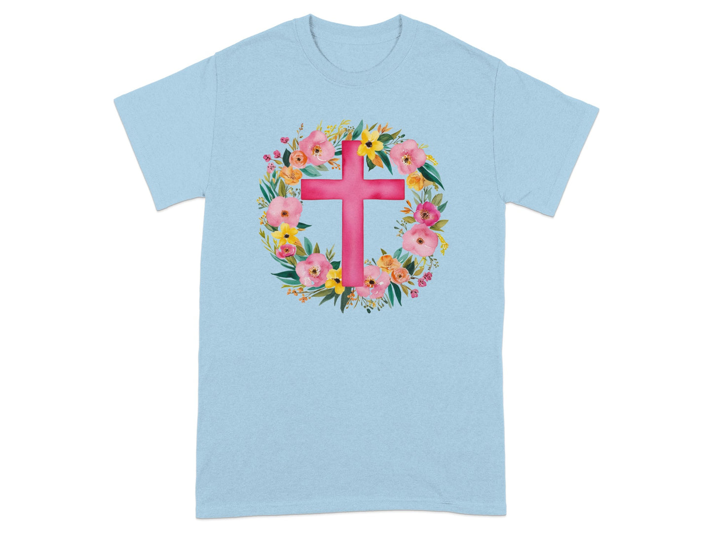 Bright Floral Cross Circle Graphic Design T-Shirt