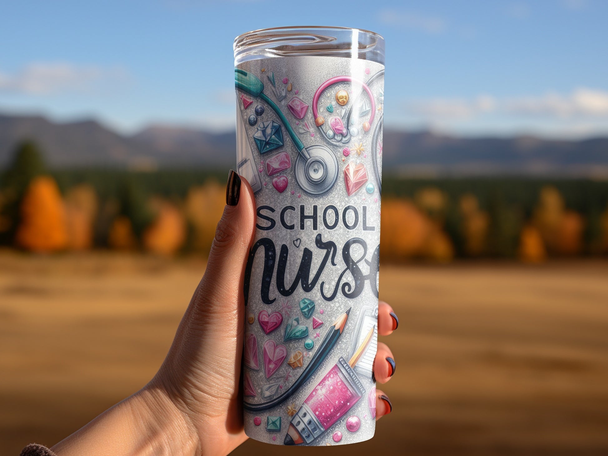 Tumbler with "School Nurse" text and medical-themed graphics.