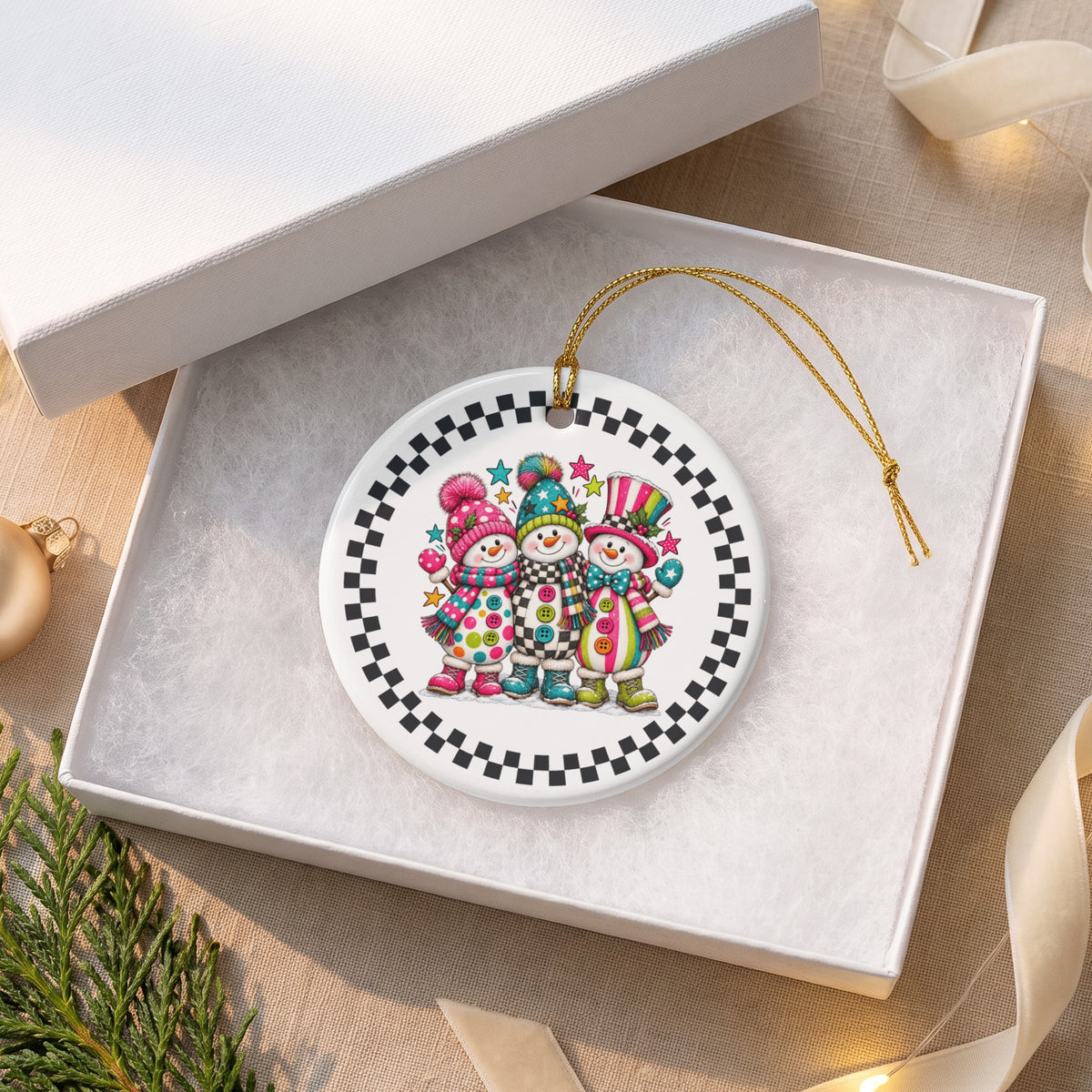 Round ceramic ornament featuring three colorful cartoon snowmen with checkered border.