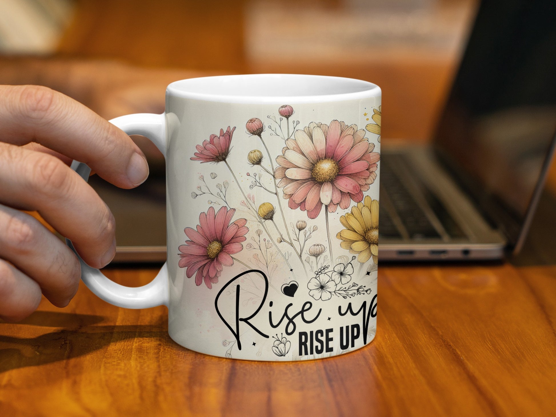 Pink Yellow Floral Daisy Rise Up Motivational Mug product type