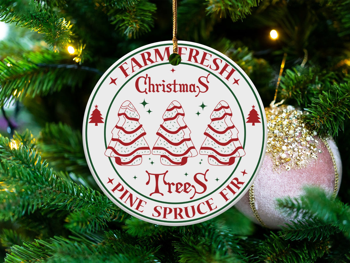 Round ornament with "Farm Fresh Christmas Trees" text and three decorated trees.