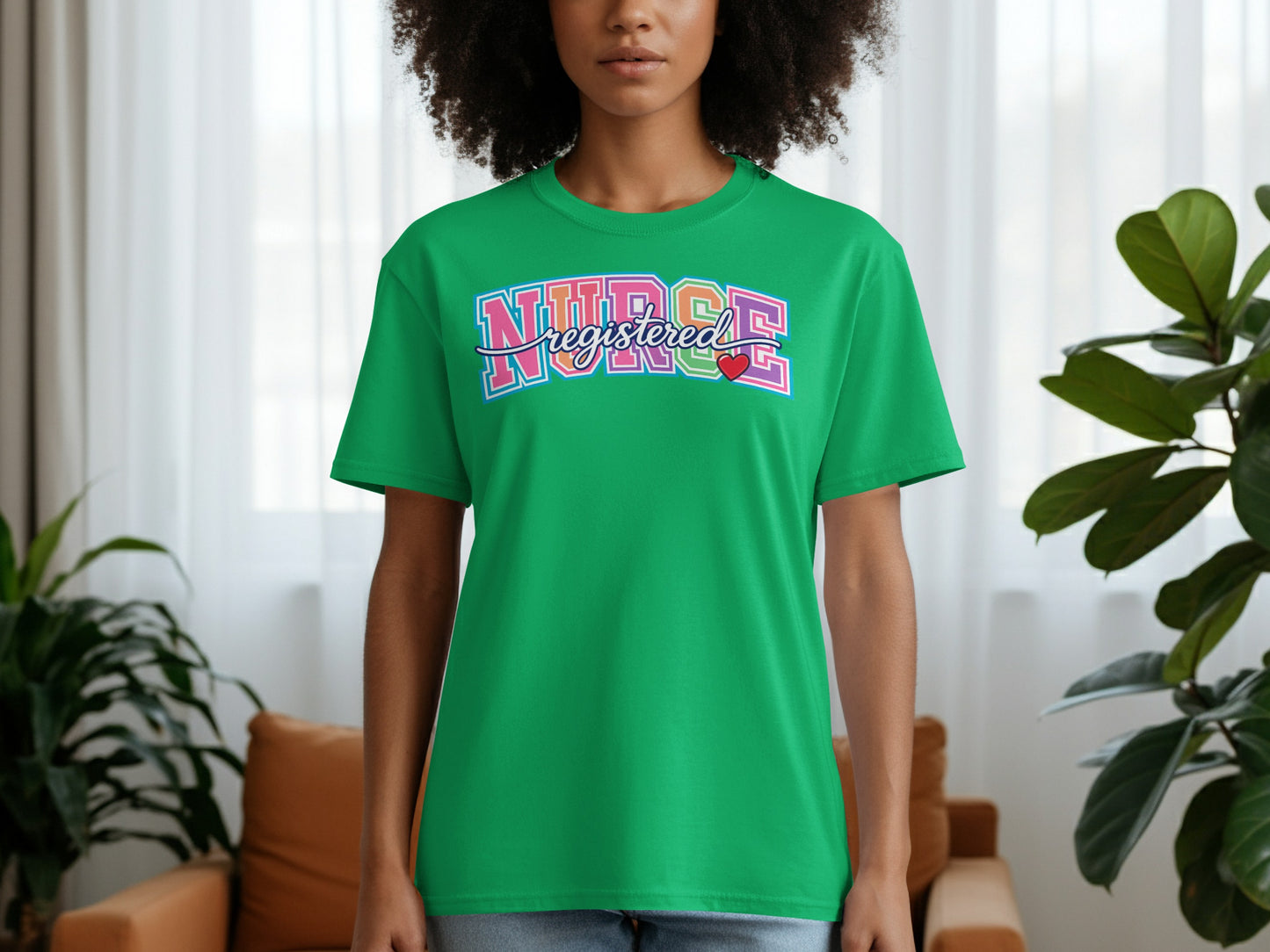Green t-shirt with "Registered" text in colorful lettering and a small red heart.