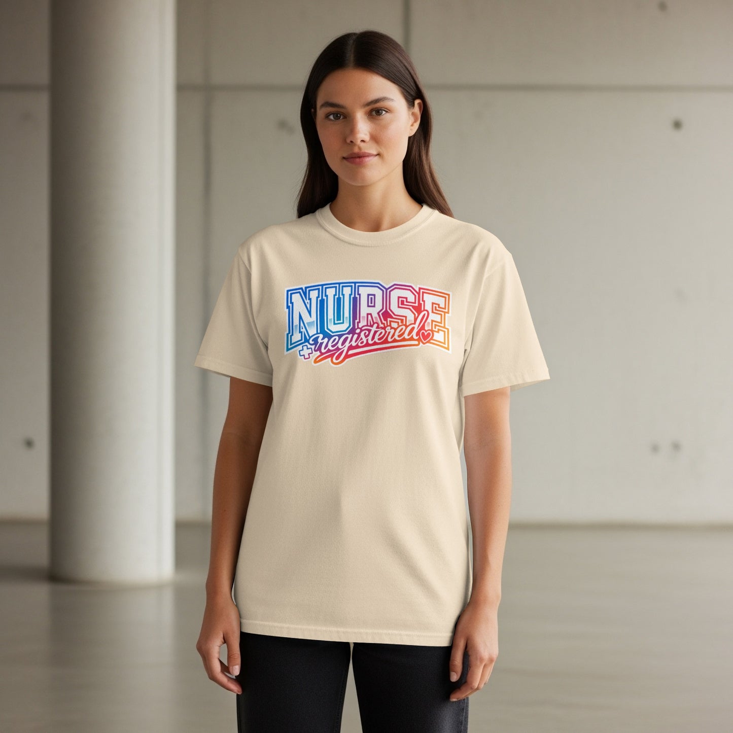 Woman wearing a beige t-shirt with "NURSE registered" text.