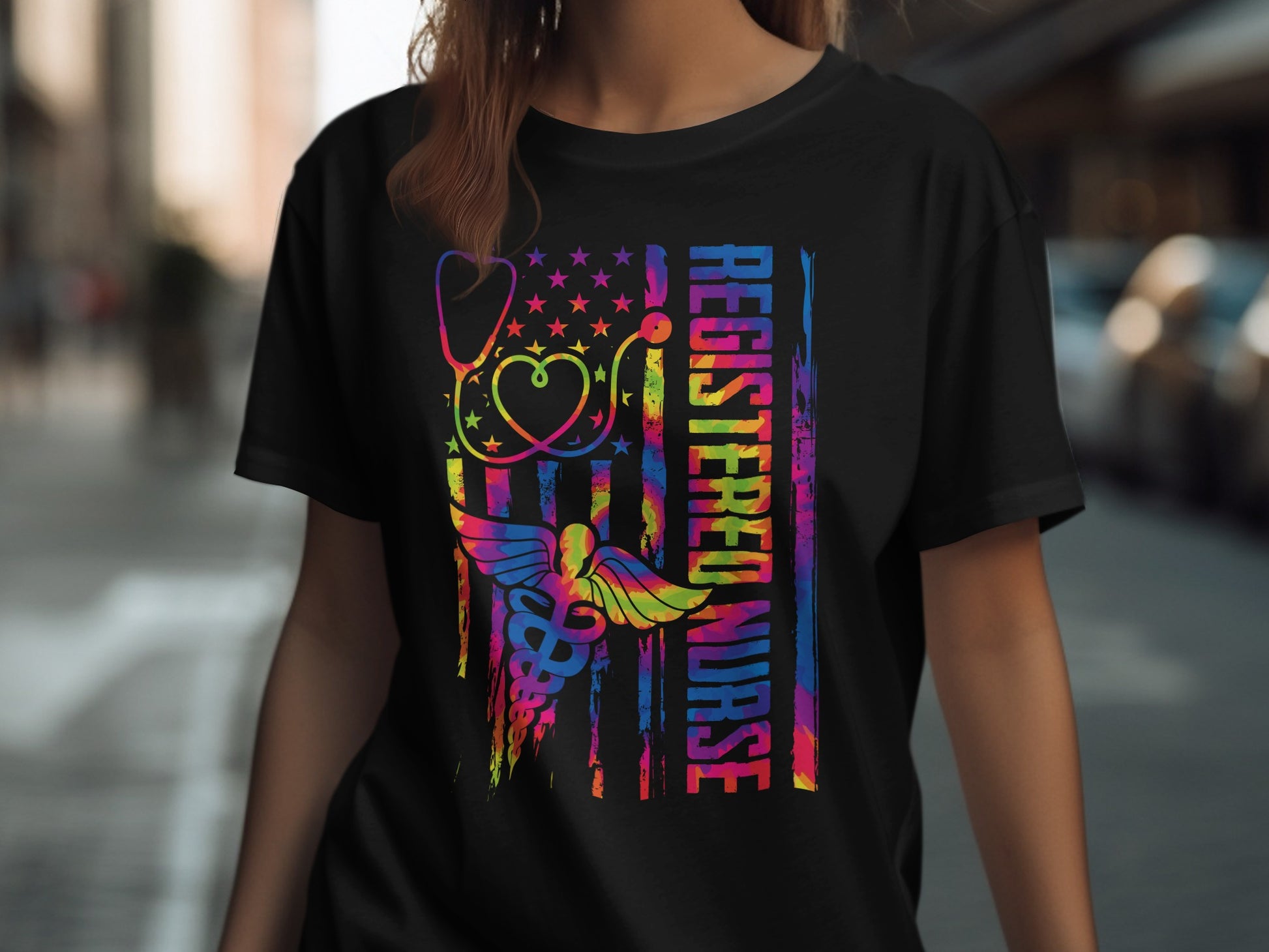 Registered Nurse shirt with stethoscope, caduceus, and flag design.