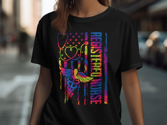 Registered Nurse shirt with stethoscope, caduceus, and flag design.