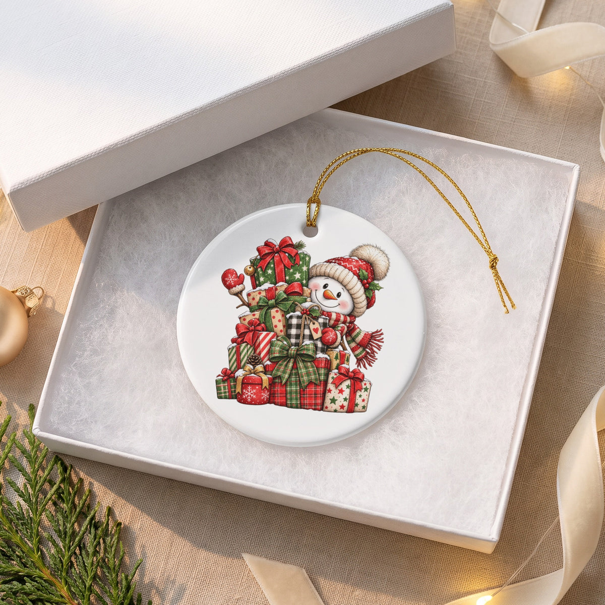 Round ceramic ornament with a cheerful snowman surrounded by gifts.