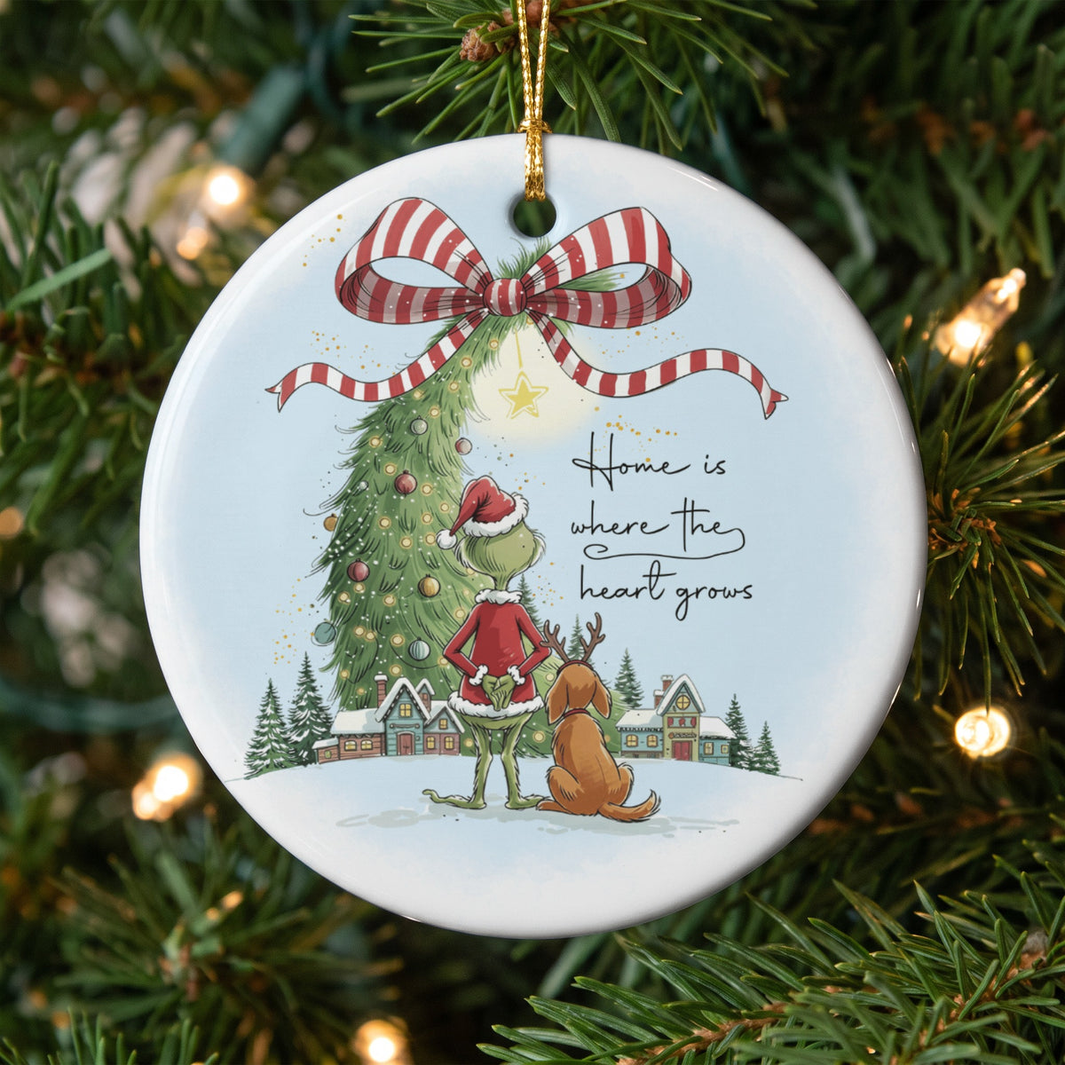 Ornament featuring the Grinch and dog with text "Home is where the heart grows."