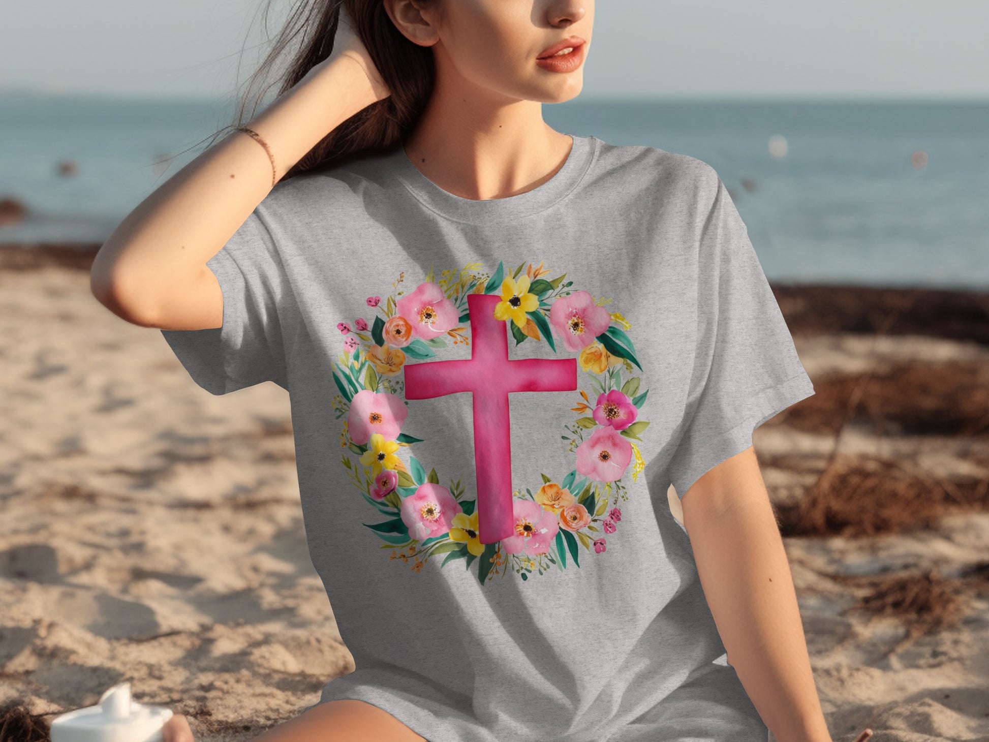 Floral Cross Graphic Tee Comfortable Beach Wear