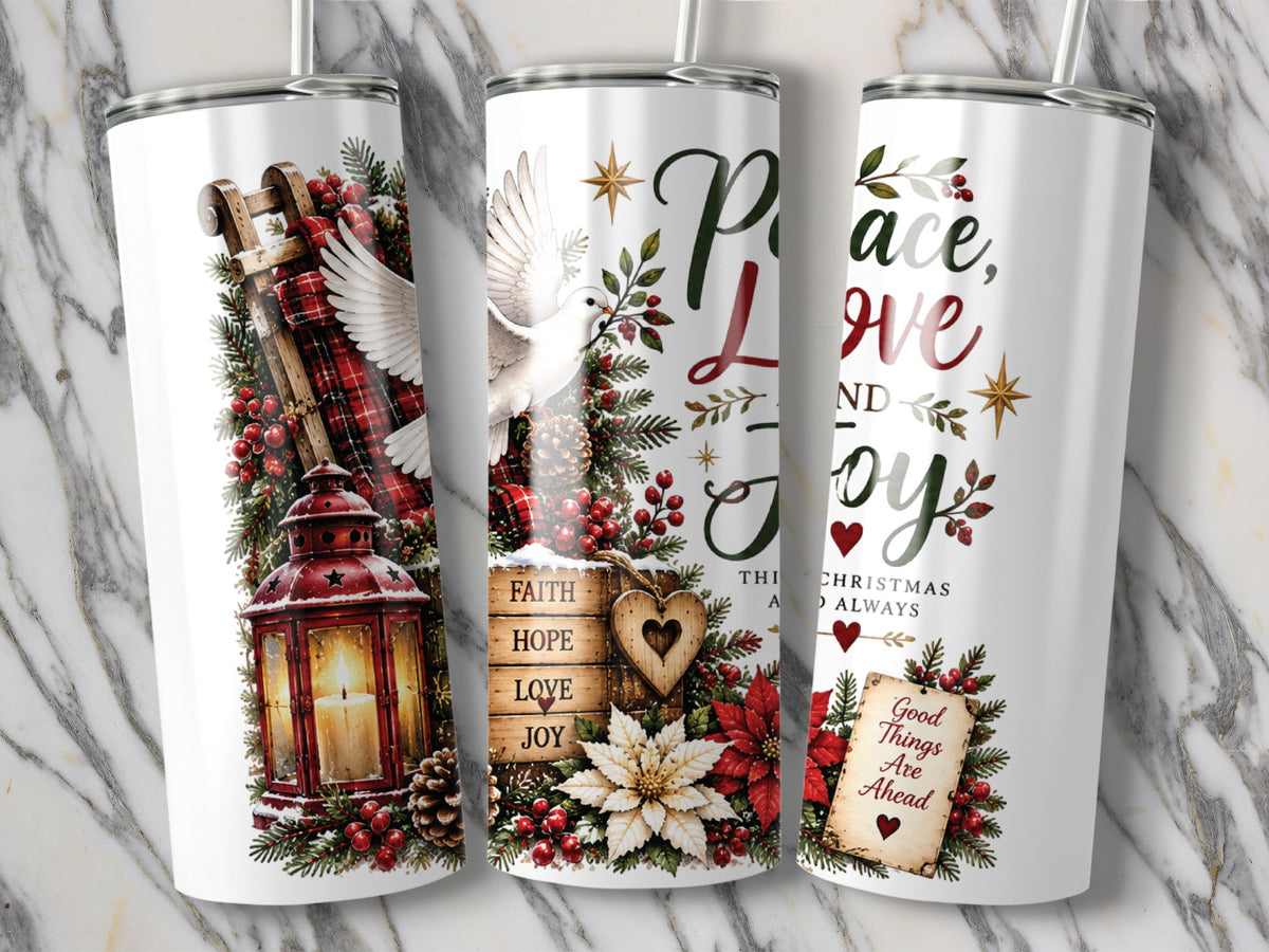 Three white travel tumblers display Christmas graphics featuring a lighted lantern, doves, poinsettias, and holiday text.