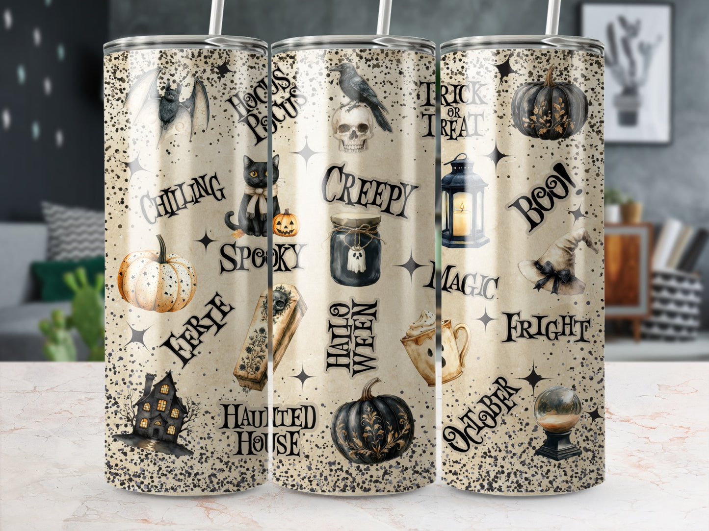 Halloween tumbler with bats, pumpkins, skulls, and spooky text.