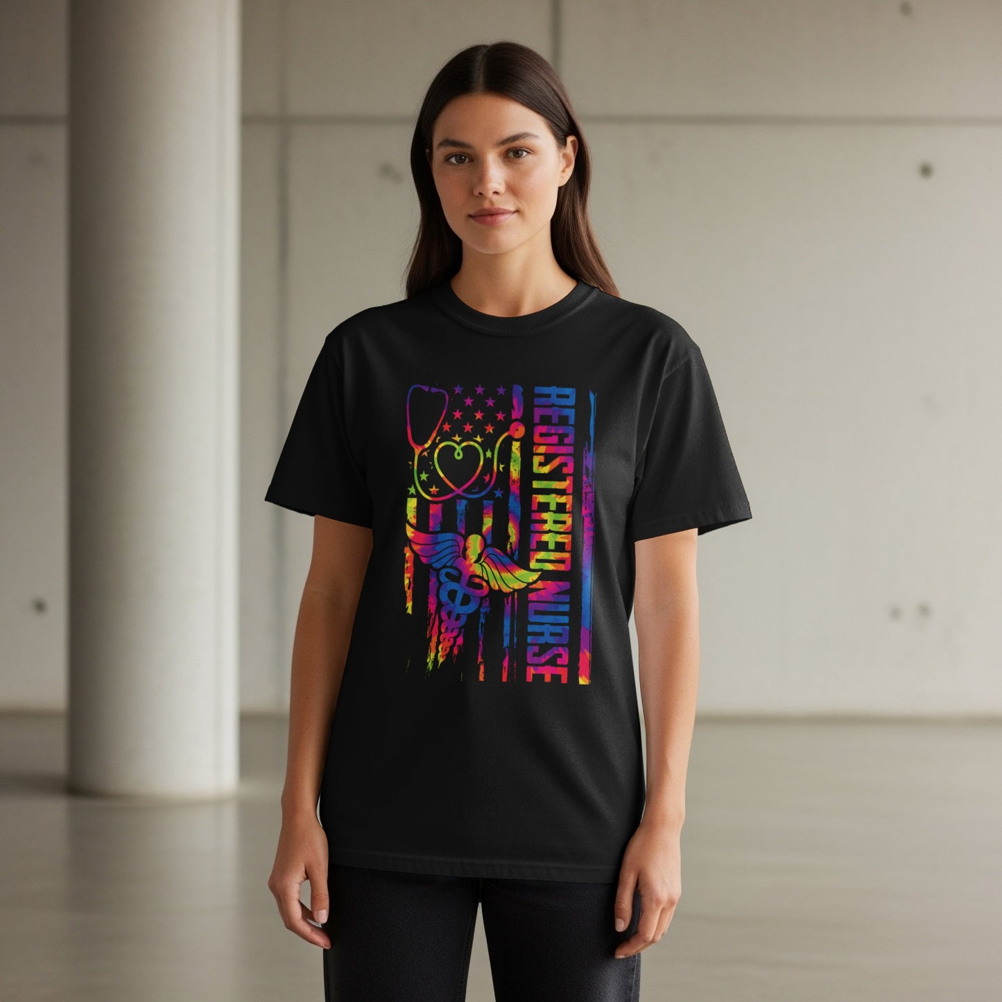 Black t-shirt with "Registered Nurse" text and patriotic medical imagery.