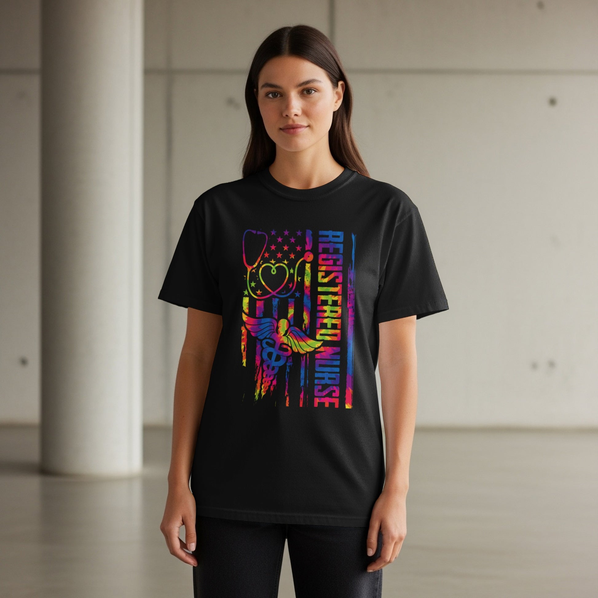 Black t-shirt with "Registered Nurse" text and patriotic medical imagery.