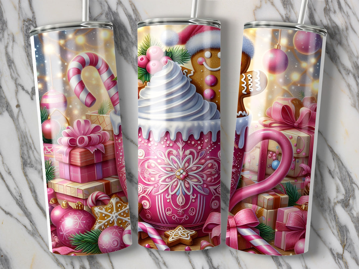 Three views of a pink tumbler featuring a holiday theme with wrapped gifts, candy canes, and gingerbread cookies.