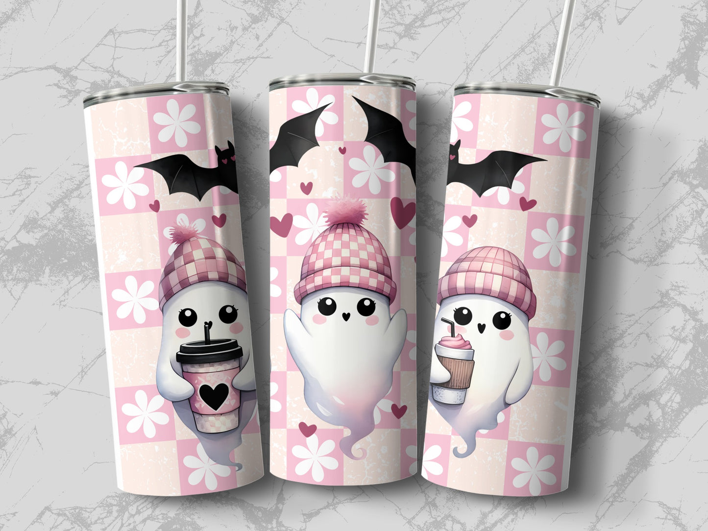 Three tumblers featuring cute ghosts, bats, and pink checkered floral patterns.