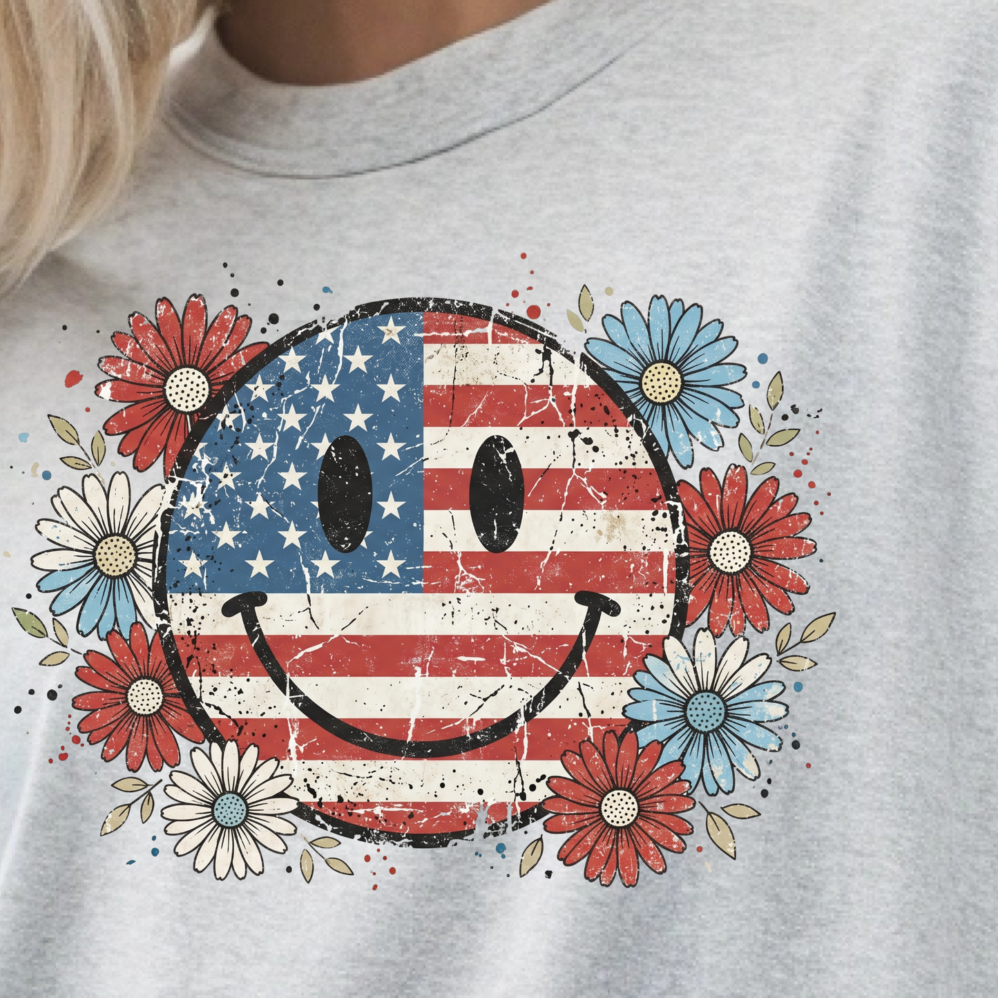 Gray t-shirt with American flag smiley face design and flowers