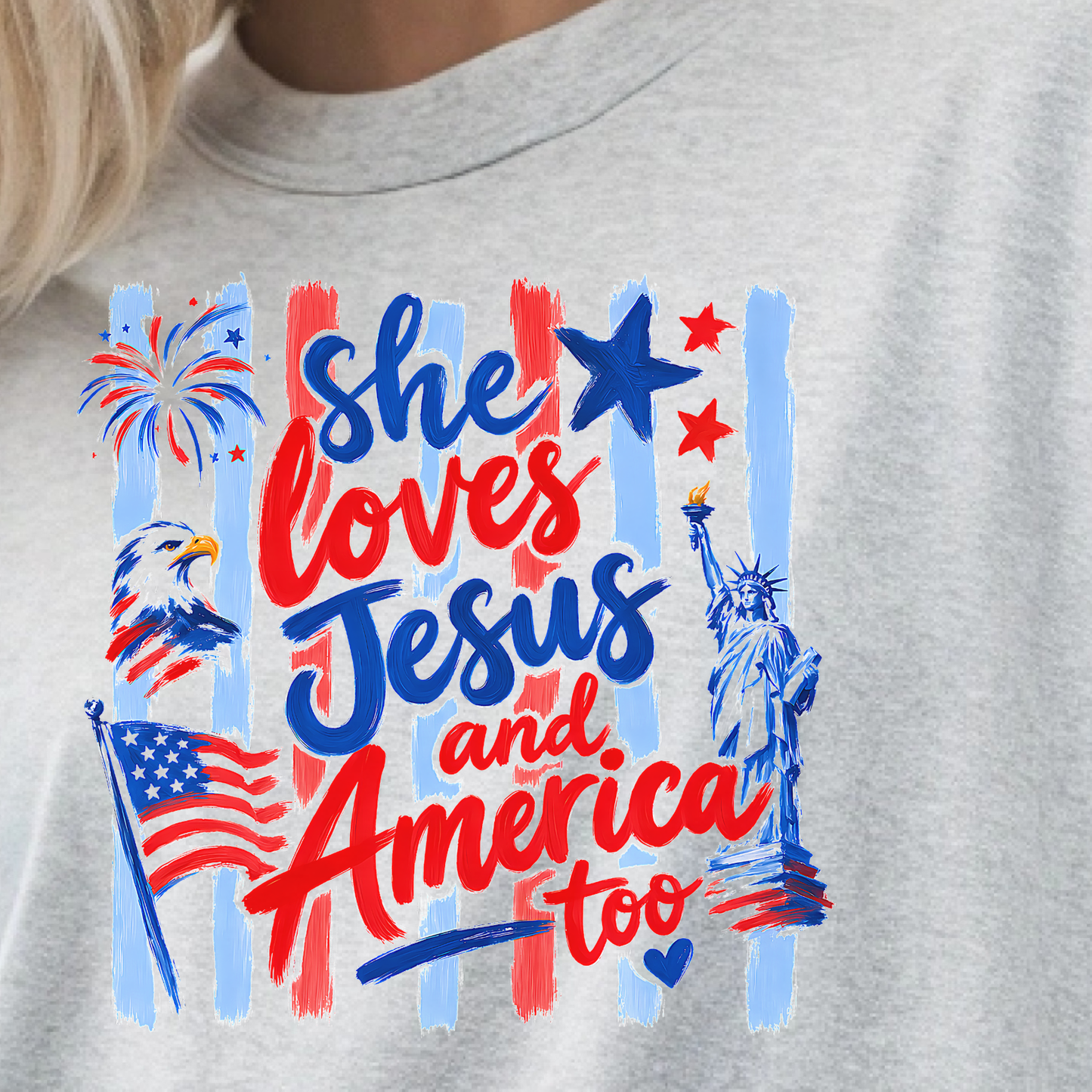 Gray sweatshirt with patriotic design featuring text and symbols on a gray background