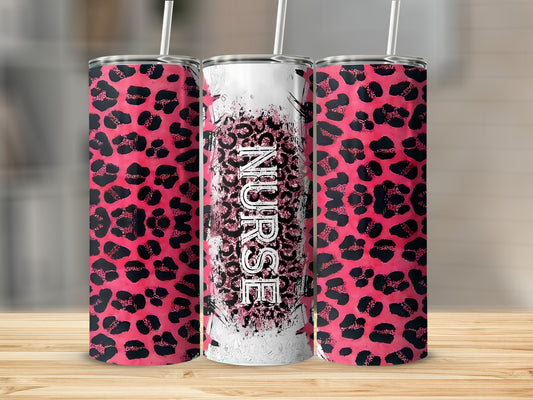 Pink leopard print tumbler with "Nurse" text and white straw.