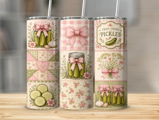 Tumblers with a farm fresh pickles design featuring jars of pickles, garlic, and floral patterns.