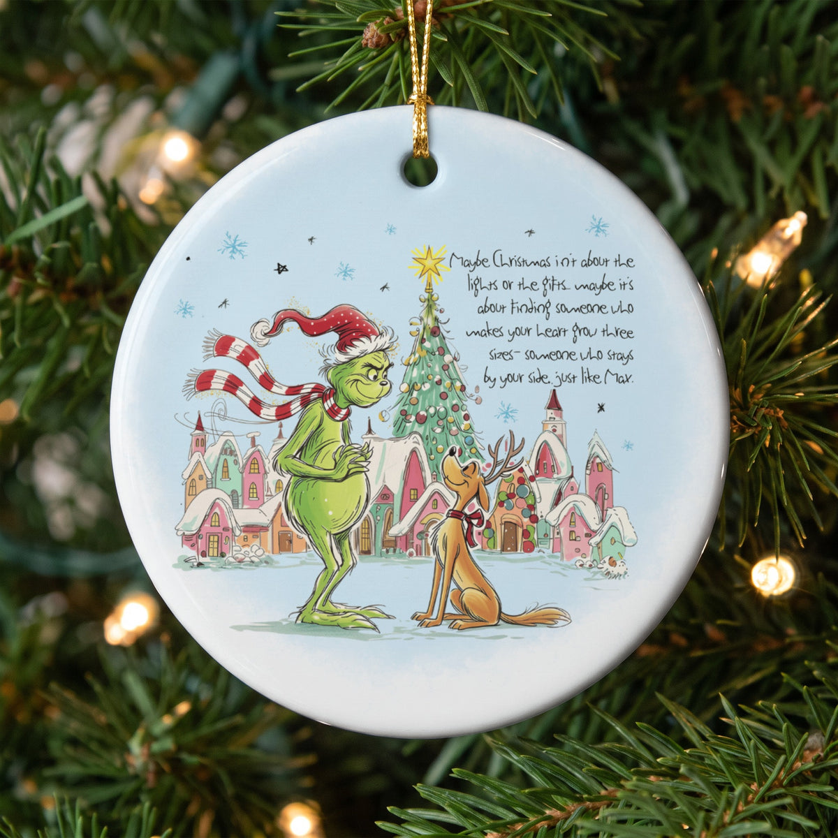 The Grinch and Max in a snowy village with text about Christmas.